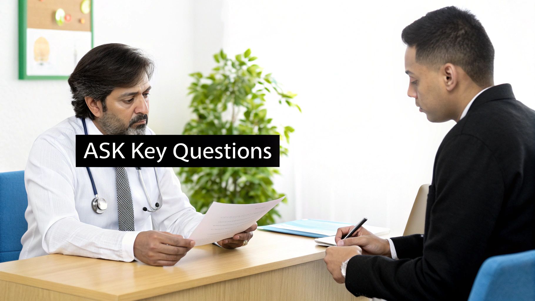 A professional yet welcoming office setting where an attorney is actively listening to a client across a desk, with legal documents visible.