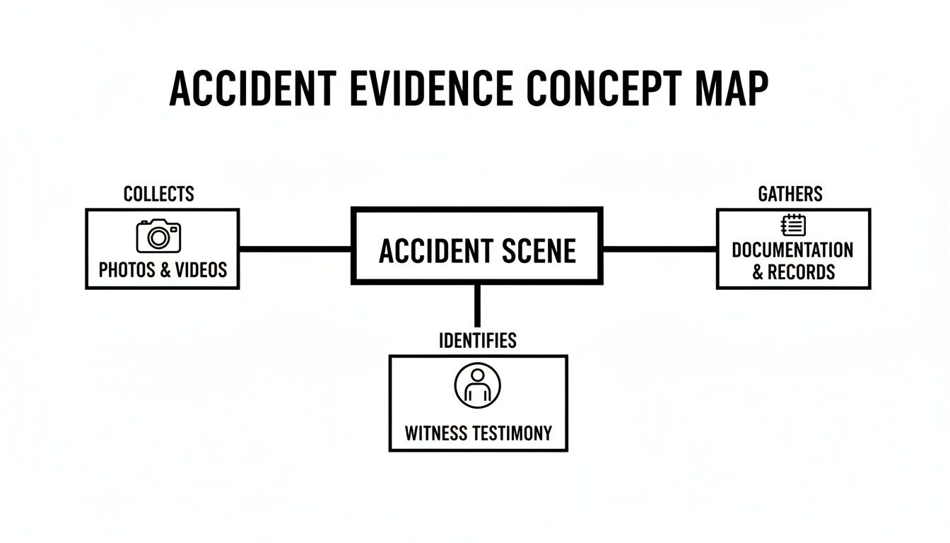 A concept map illustrating the collection of accident evidence, including photos, videos, documentation, and witness testimony.
