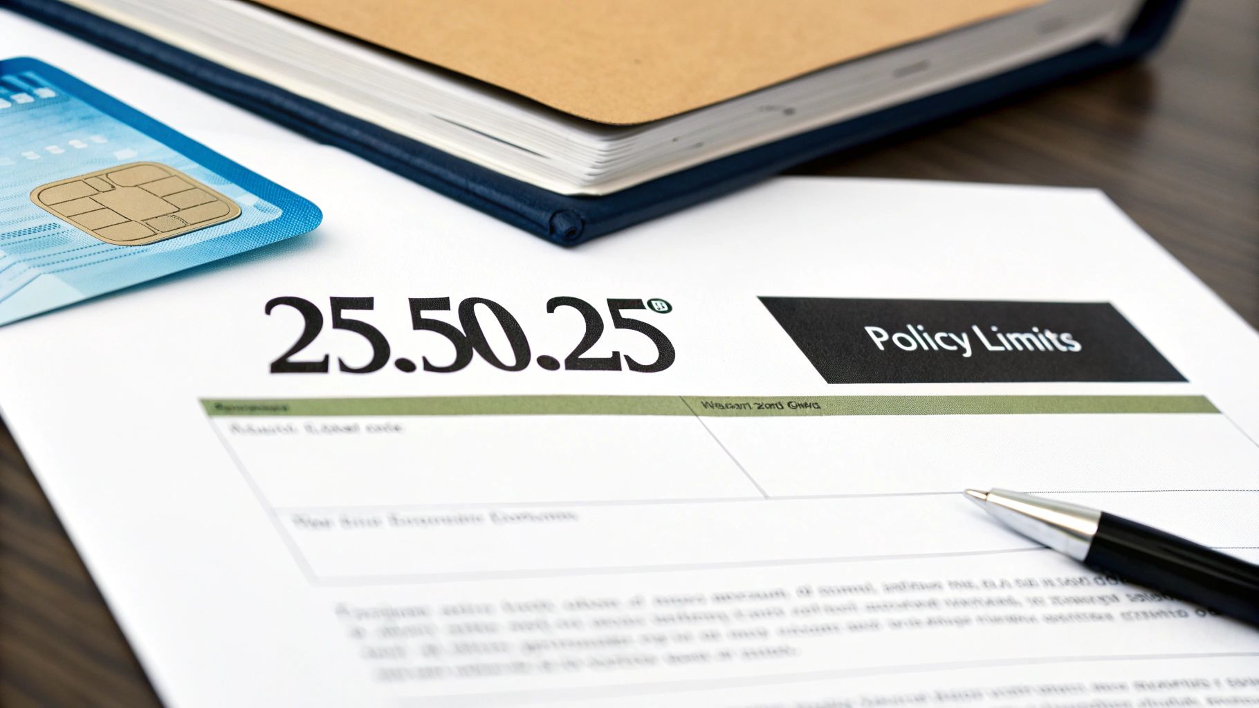 A document displaying '25.50.25' and 'Policy Limits' with a payment card and pen.