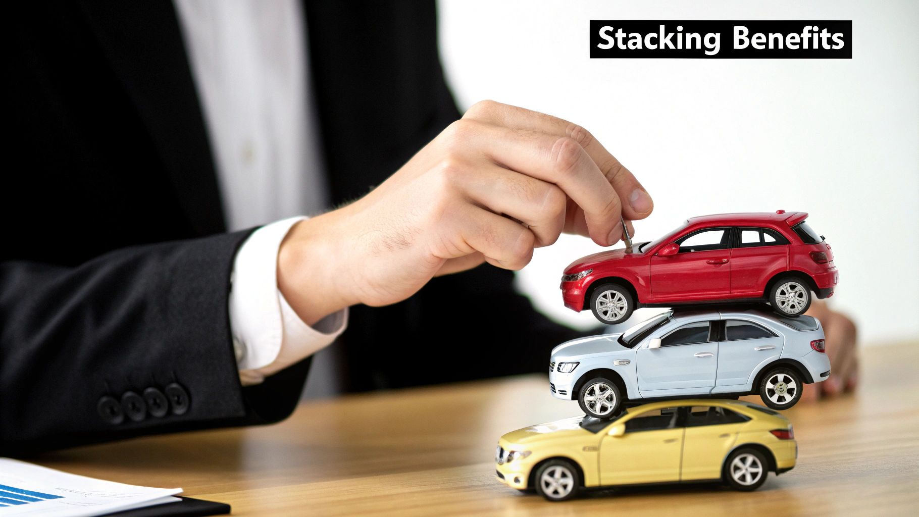 A family looking at two cars in their driveway, considering insurance options.