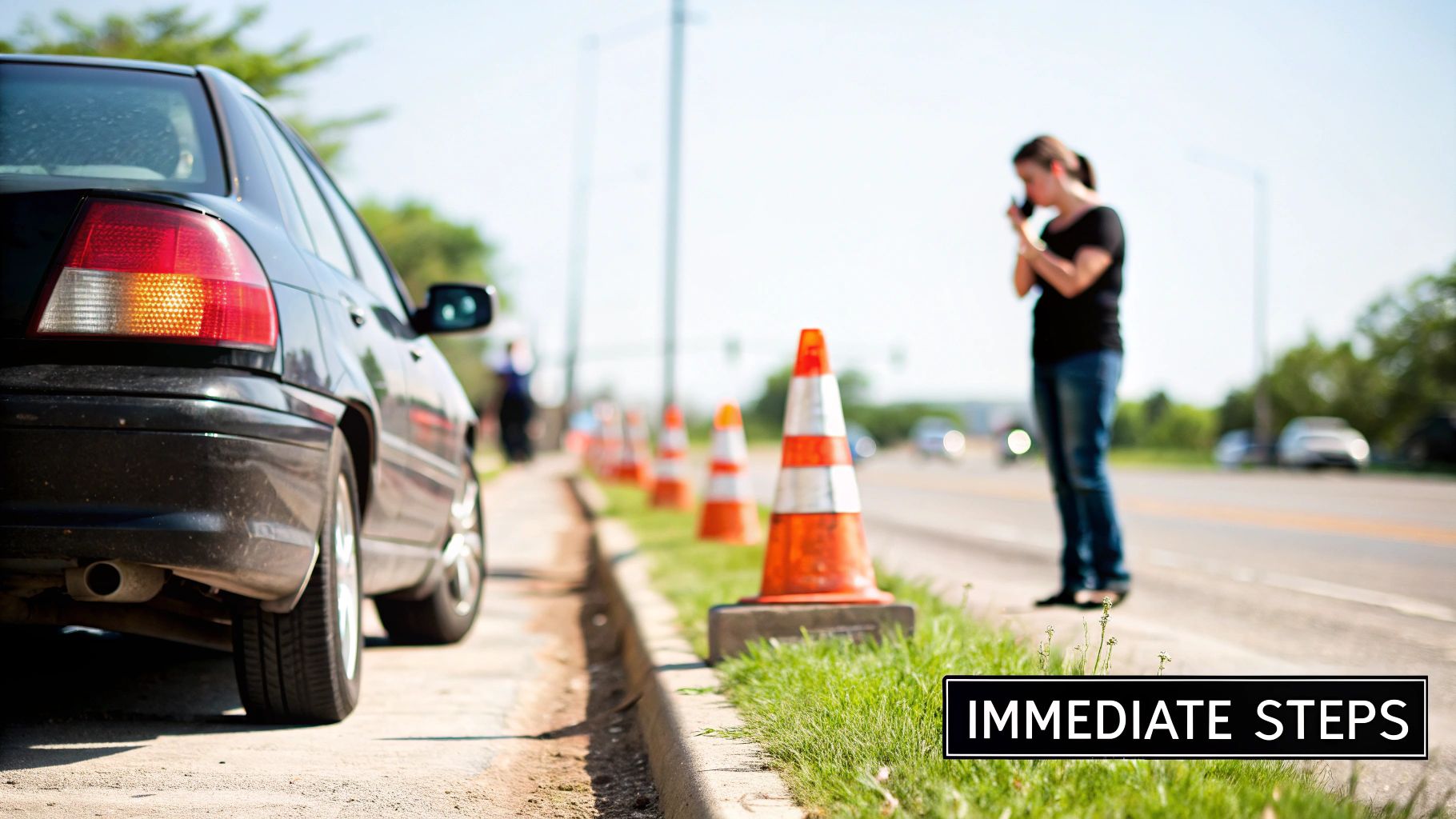 A woman talks on the phone beside a black car with orange traffic cones on the roadside.