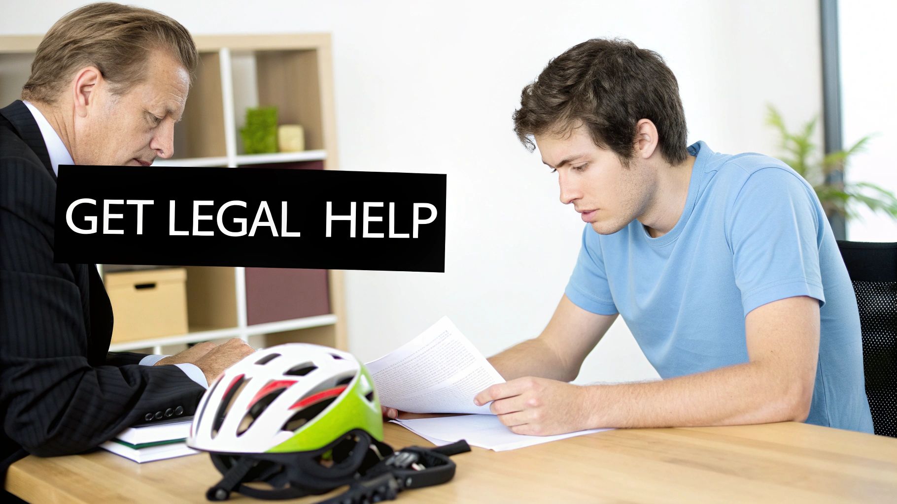 A lawyer consults a young man about a bicycle accident, with a helmet on the table.