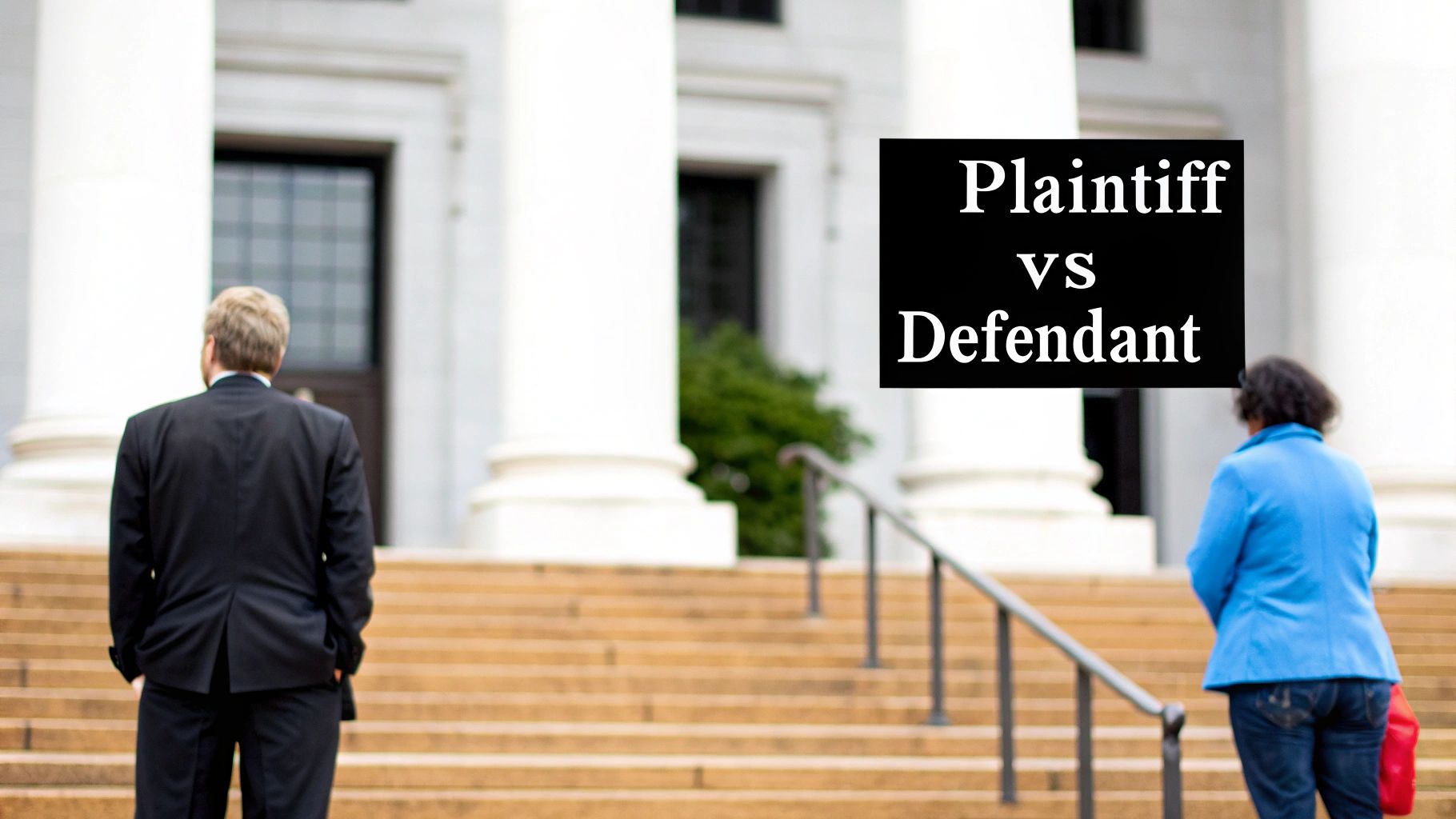 Two lawyers standing on courthouse steps looking at plaintiff versus defendant sign