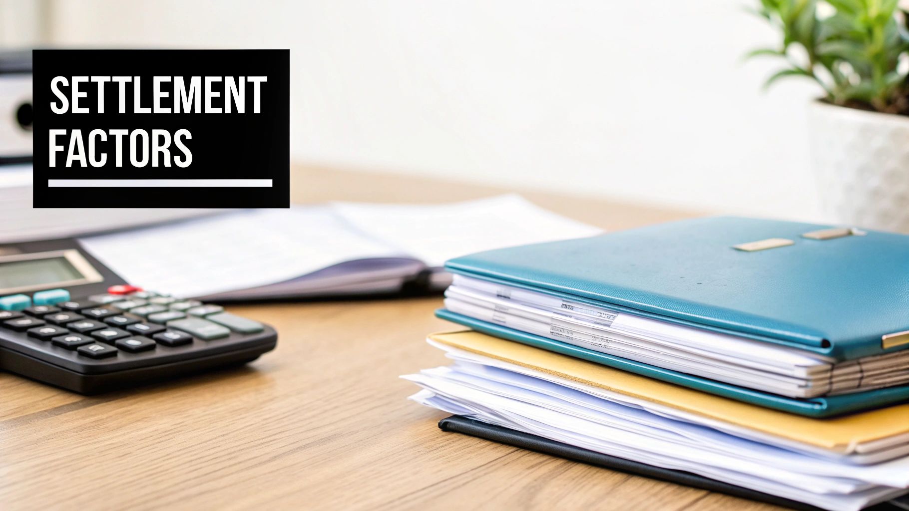 A desk with a calculator, documents, and folders, featuring a sign 'SETTLEMENT FACTORS'.