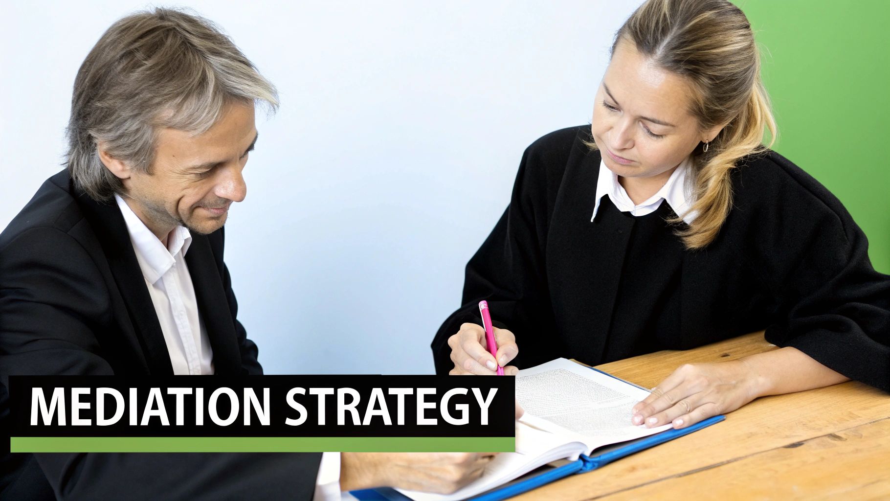 An attorney and client sit at a table, seriously discussing a strategy for mediation.