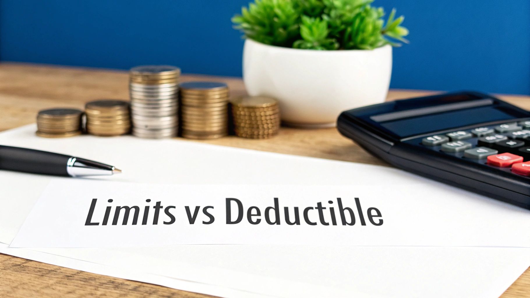 A document displays 'Limits vs Deductible' with coins, a calculator, and a pen on a desk.