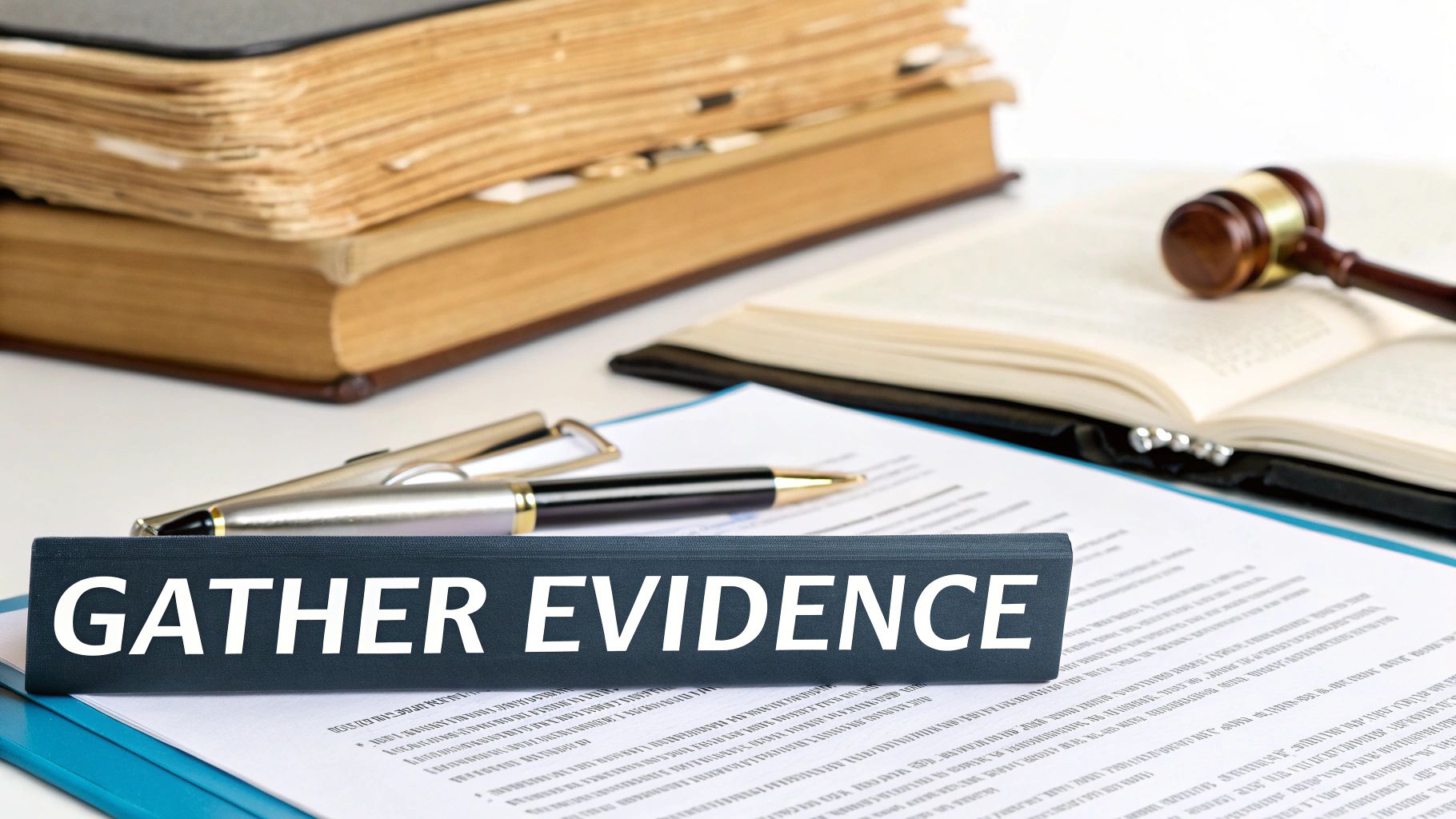 A stack of legal documents and files for evidence gathering.