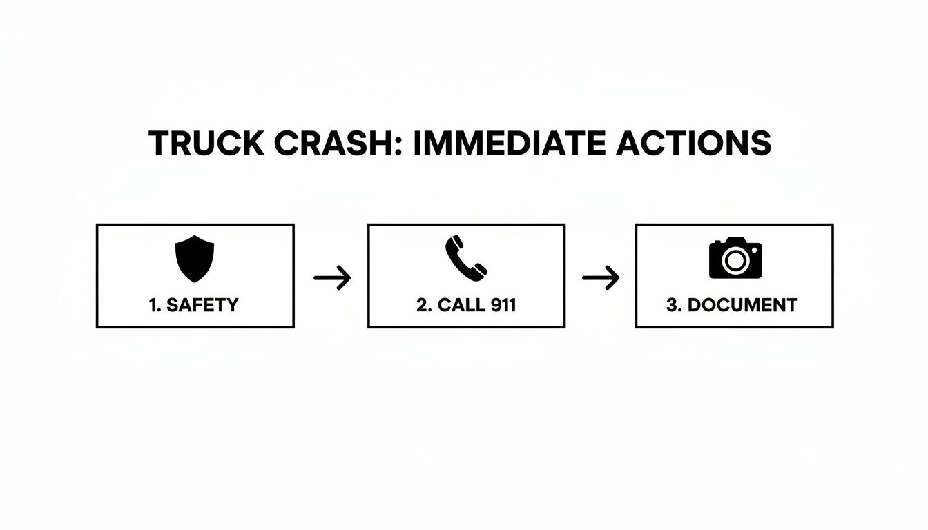 Flowchart detailing immediate actions after a truck crash, including safety, calling 911, and documenting the scene.