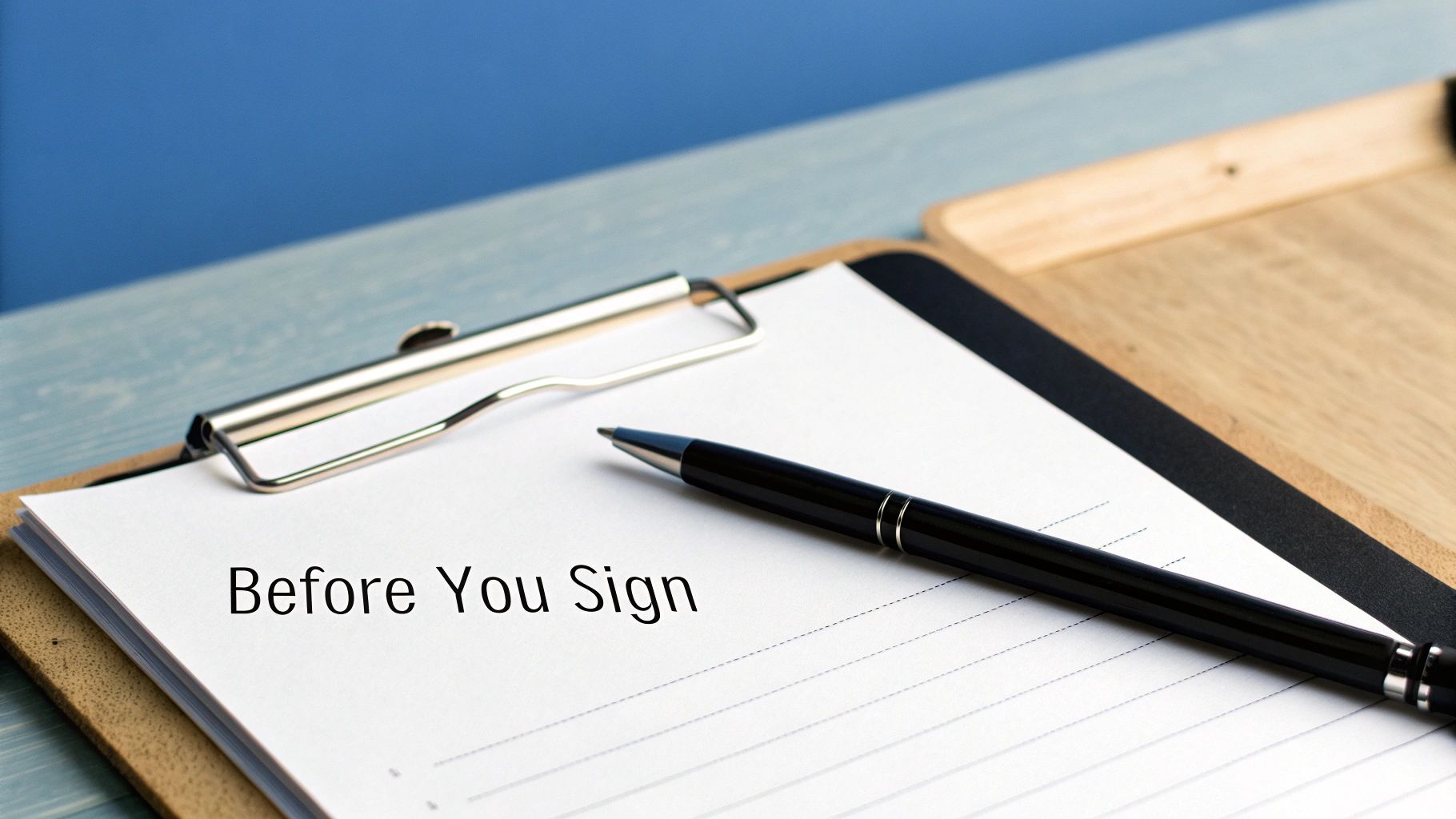 Clipboard with contract document and pen on desk showing Before You Sign text