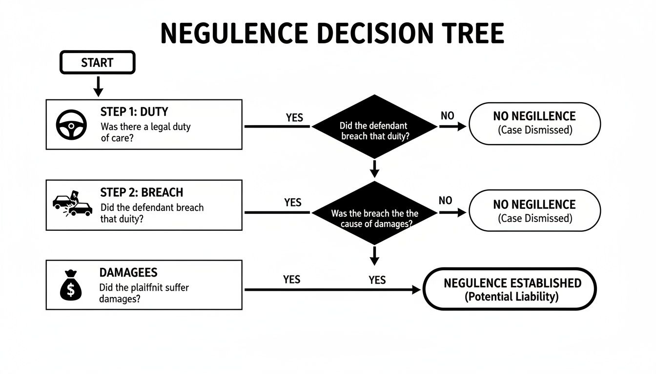 Flowchart outlining the steps to determine legal negligence: Duty, Breach, and Damages.