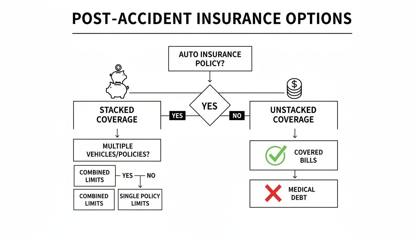 Flowchart explaining post-accident auto insurance options, comparing stacked versus unstacked coverage and limits.