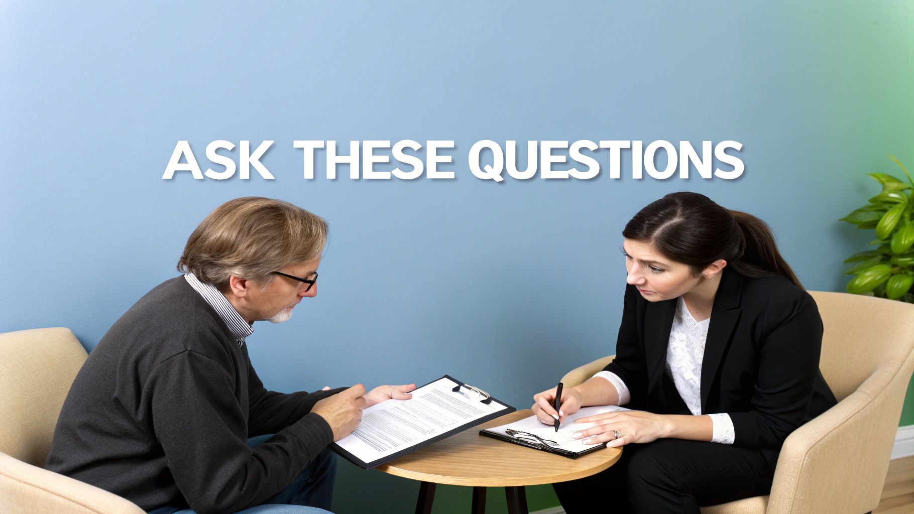 A female lawyer or consultant interviews a male client, both writing on clipboards, with 'ASK THESE QUESTIONS' text.