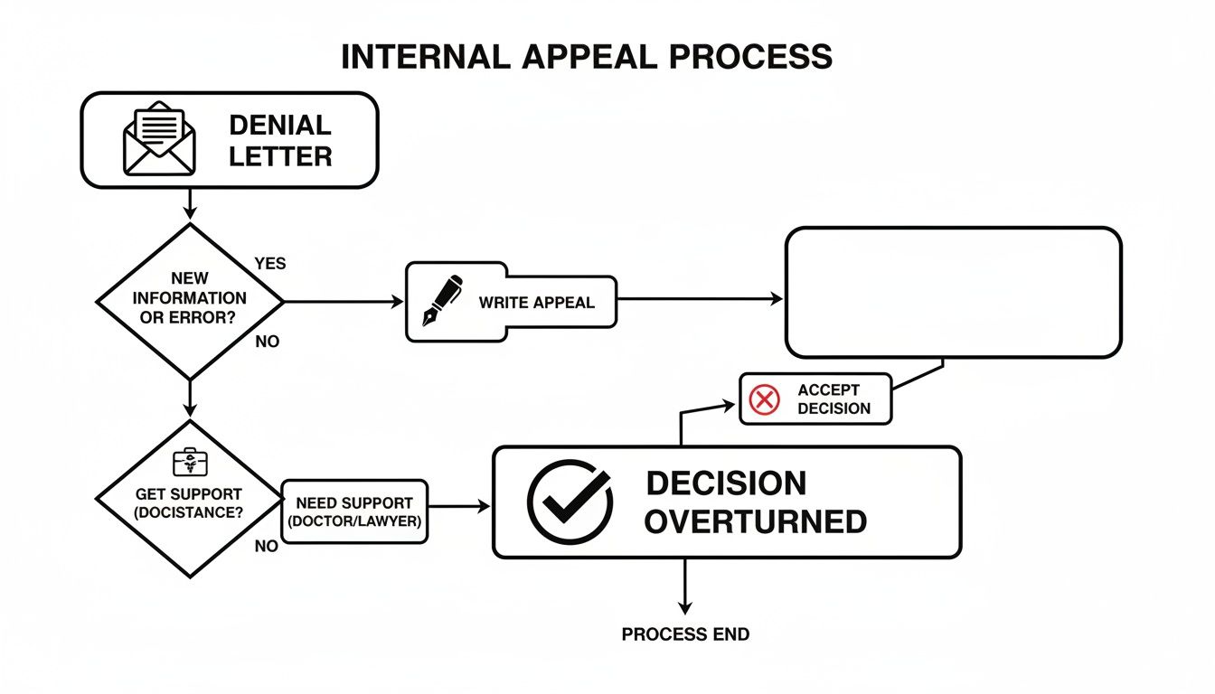 Flowchart detailing the internal appeal process for a denial letter, showing decision points.