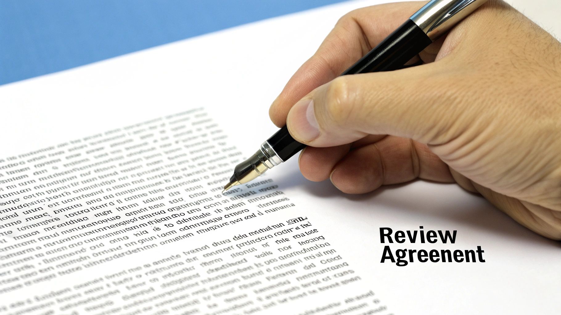 A person carefully reviewing a legal document with a pen, highlighting important sections.