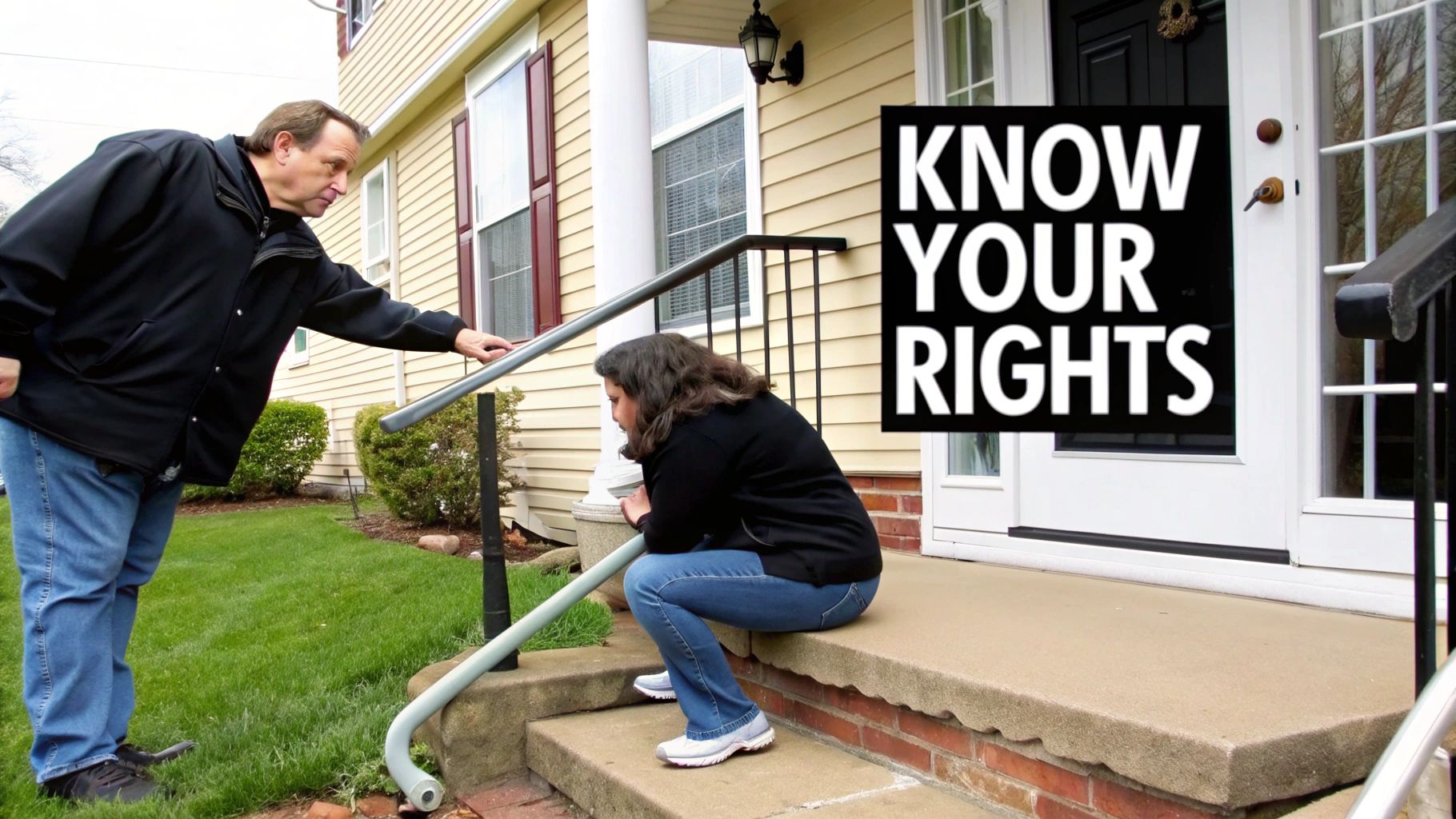 A man and woman discussing outdoors on steps next to a house with a 'KNOW YOUR RIGHTS' sign.
