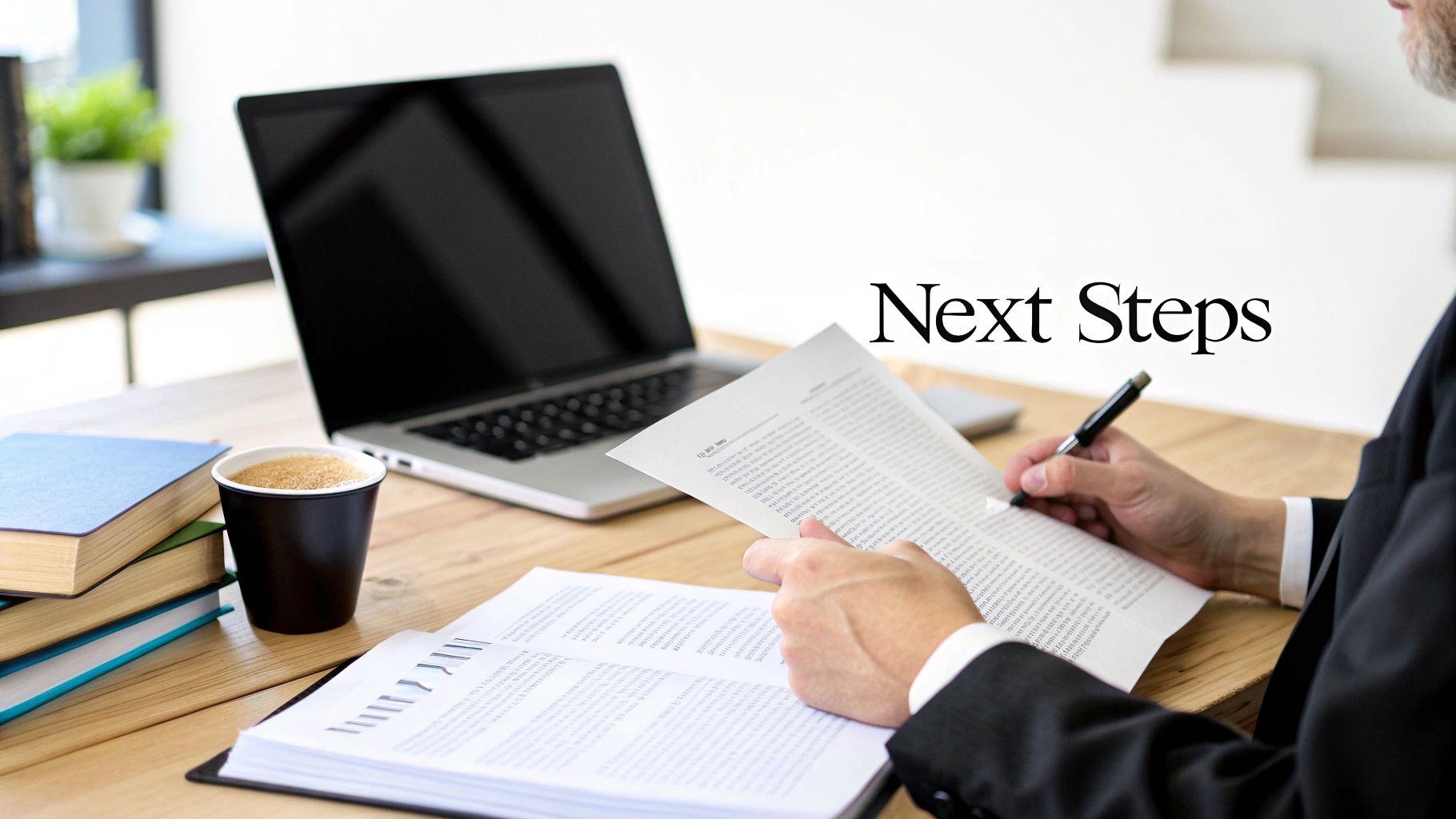 Man in suit reviewing documents with a pen, laptop, coffee, and books on a wooden desk, next steps.
