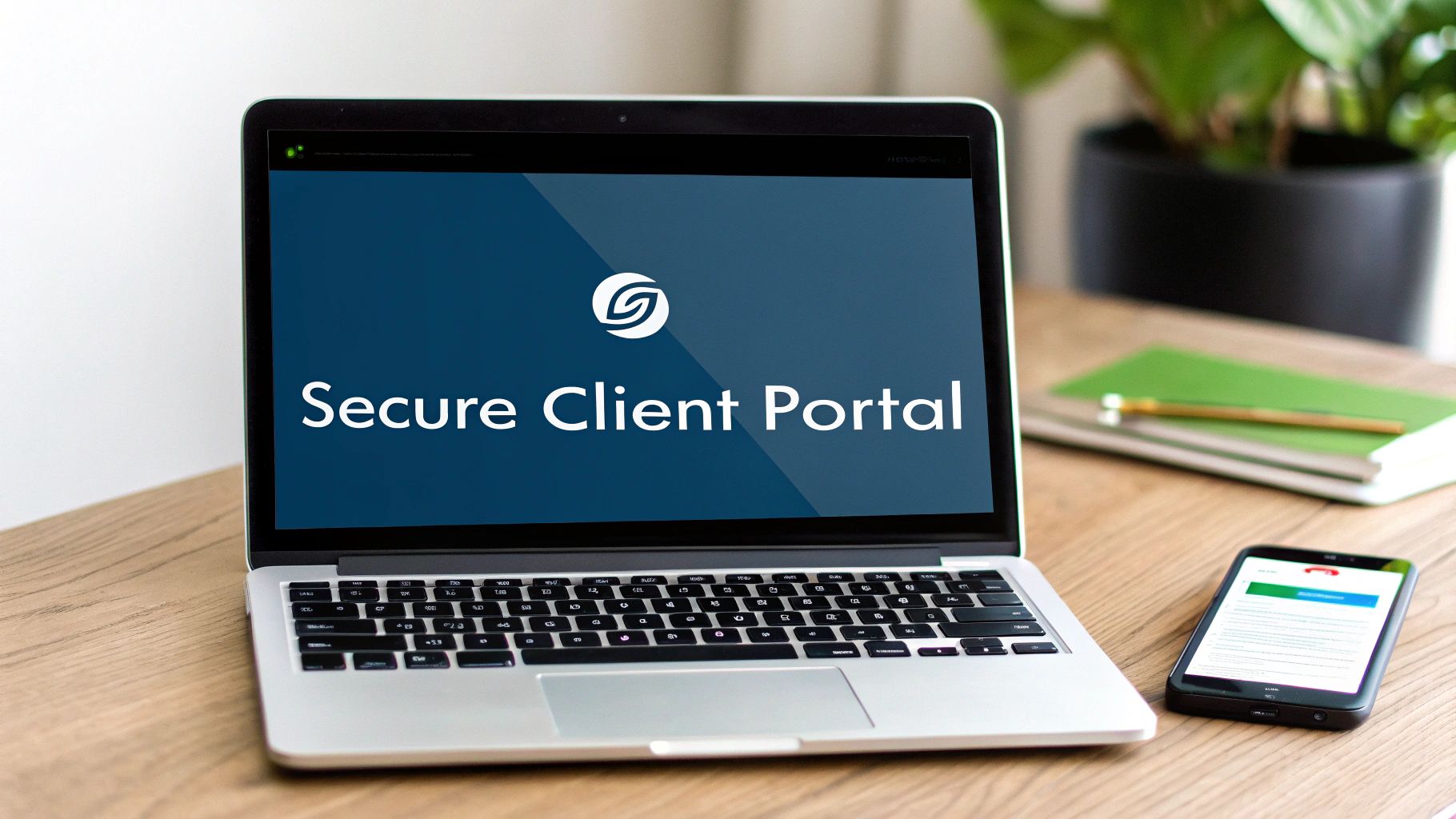 An image of a person using a laptop and phone to communicate, representing modern law firm technology and client interaction.