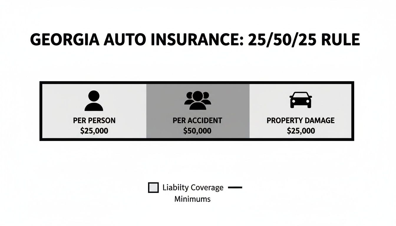 Image explaining Georgia's 25/50/25 rule for auto insurance minimum liability coverage requirements.