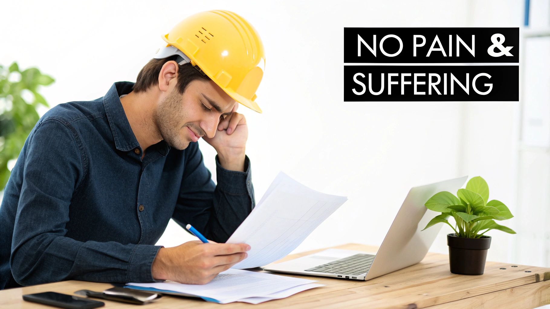 A stressed construction worker in a hard hat reviews documents at a desk with “NO PAIN & SUFFERING” text.