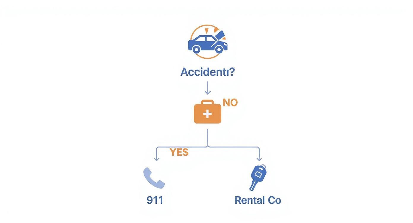 Infographic decision tree showing who to notify first after a rental car accident.