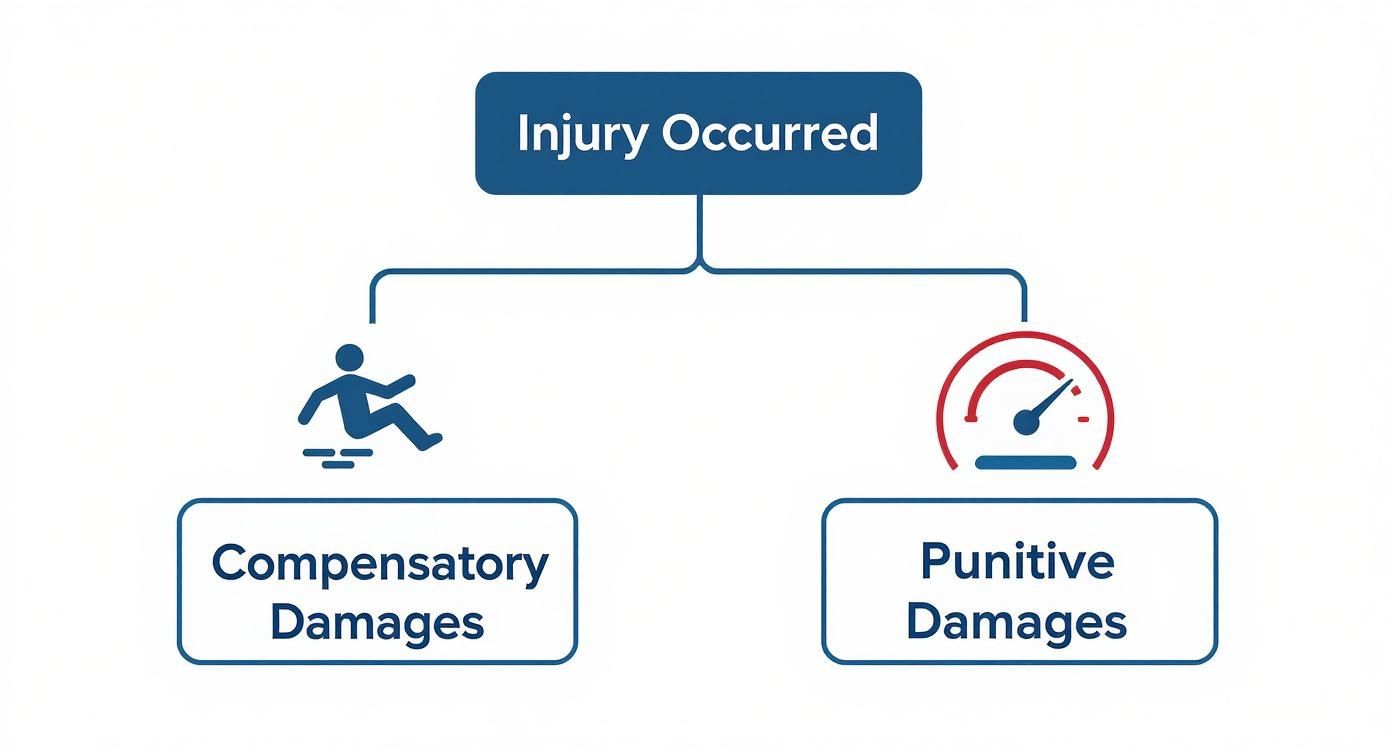 An infographic decision tree showing negligence leads to compensatory damages, while recklessness can lead to both compensatory and punitive damages.