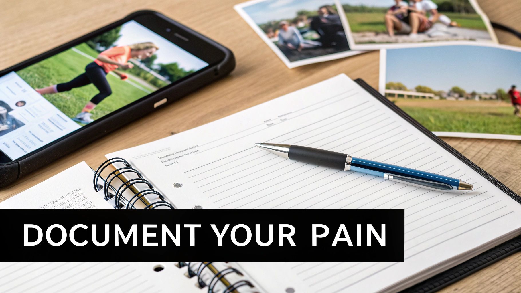 A smartphone displays a runner on a desk with a notebook, pen, and photos, overlaid with 'DOCUMENT YOUR PAIN'.