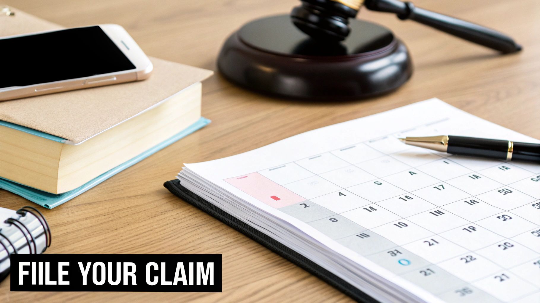 Desk setup with a gavel, calendar, pen, and documents, prompting to 'FILE YOUR CLAIM'.