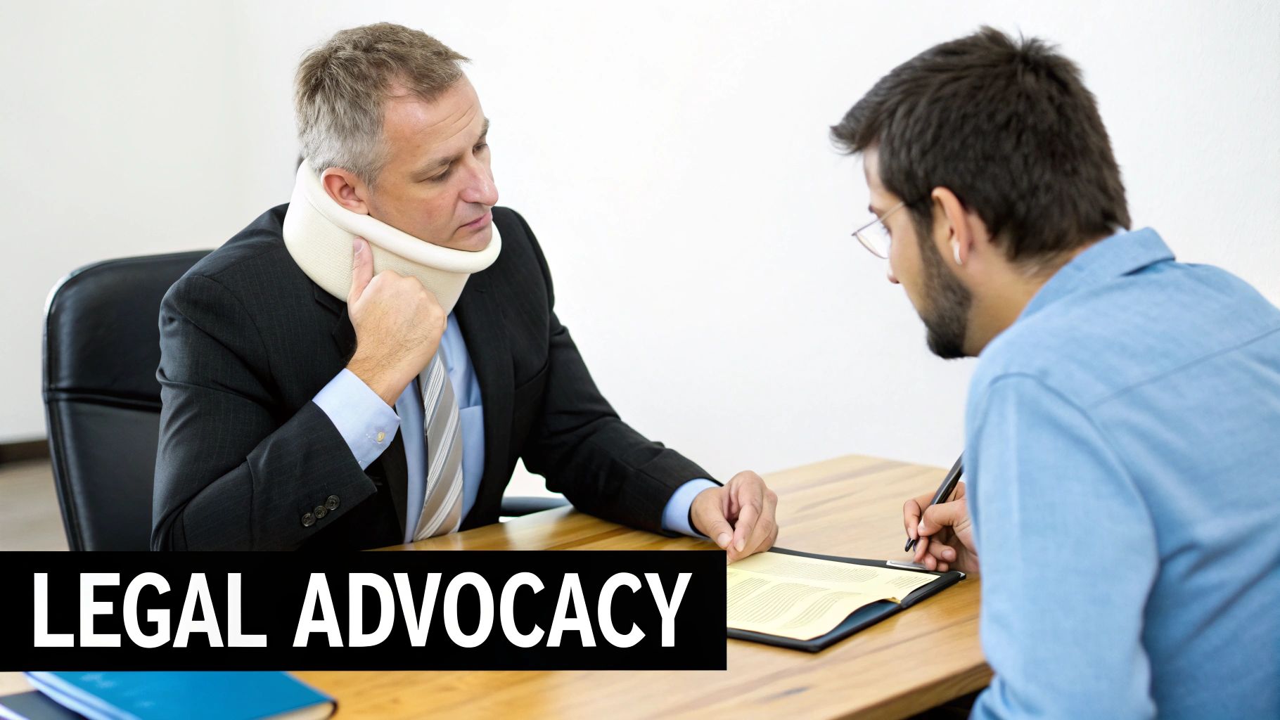 Injured man in a neck brace consults with a lawyer, signing documents at a desk.