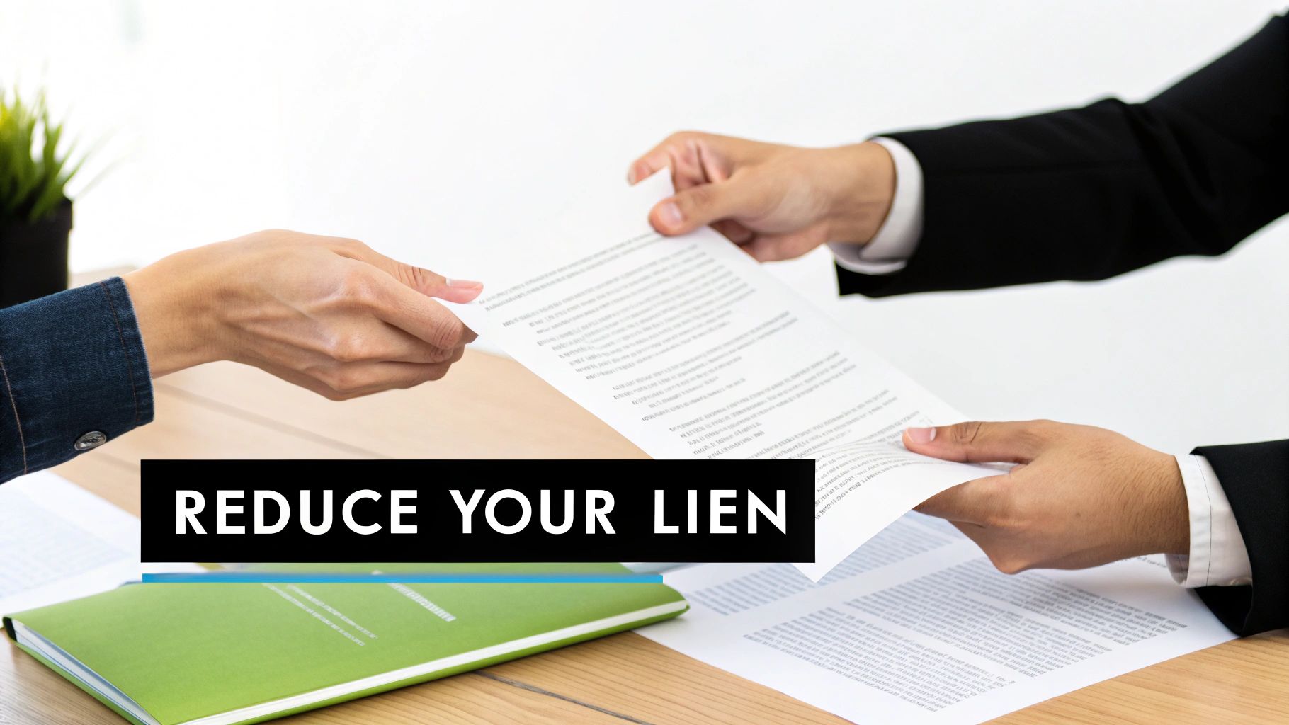 A person reviewing documents at a desk, with a calculator and magnifying glass nearby, representing the strategy of reducing a Medicare lien.