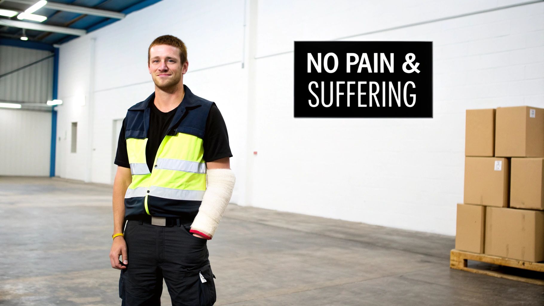 A smiling worker with a bandaged arm stands in a warehouse with a "NO PAIN & SUFFERING" sign.