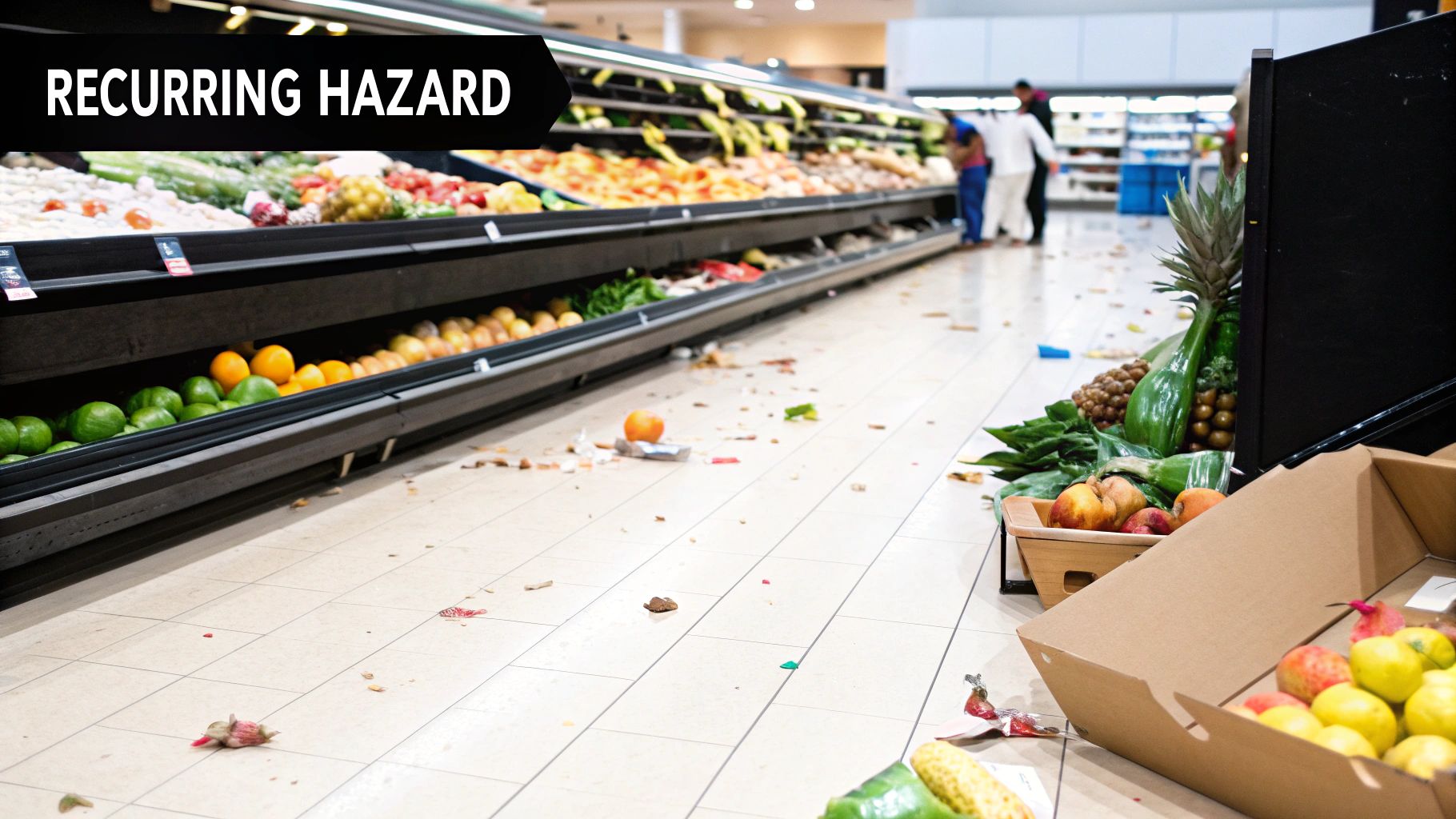 A messy supermarket aisle floor is covered in scattered produce, indicating a recurring hazard.