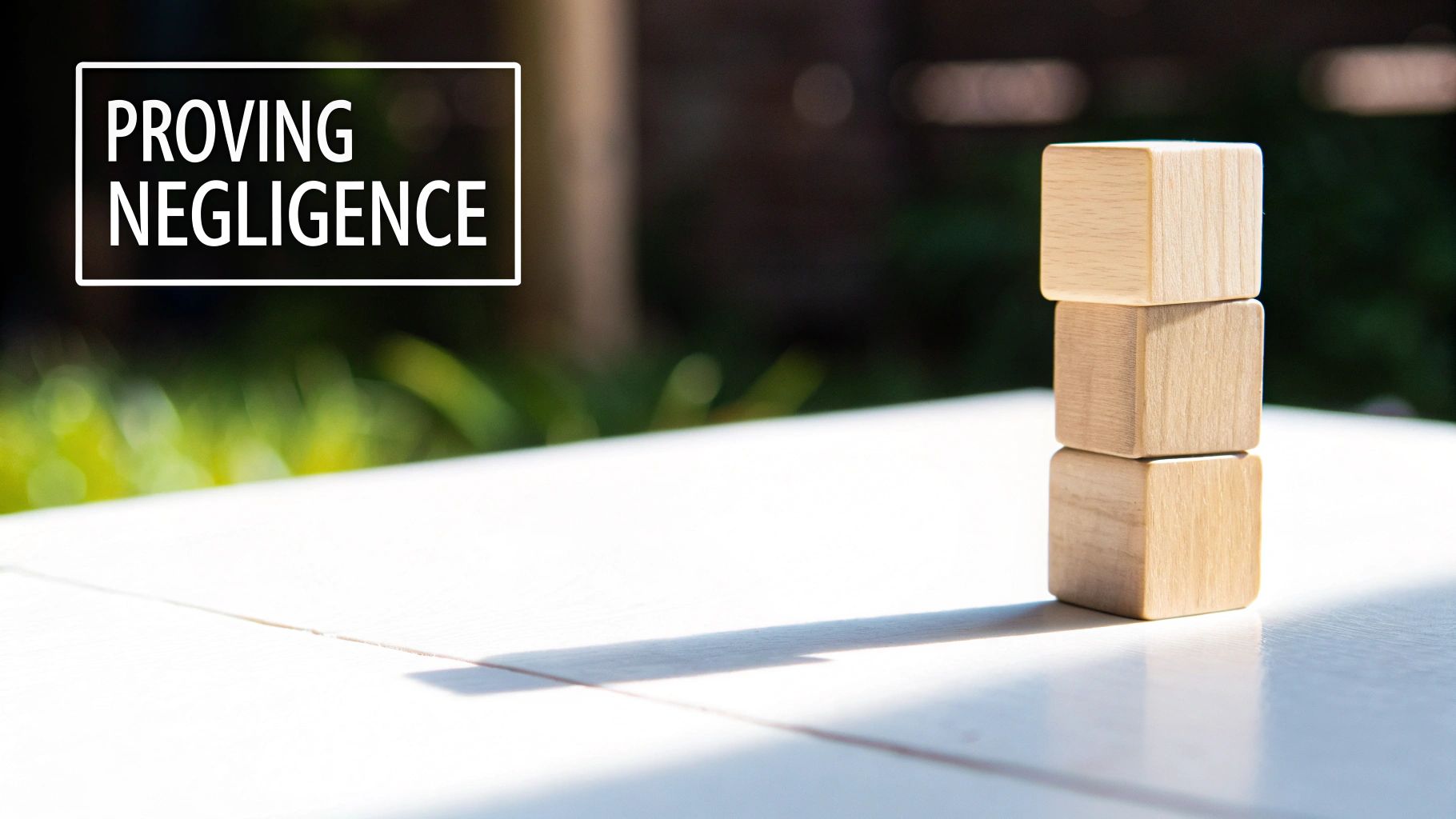 Three stacked wooden blocks next to a white box with 'PROVING NEGLIGENCE' text.