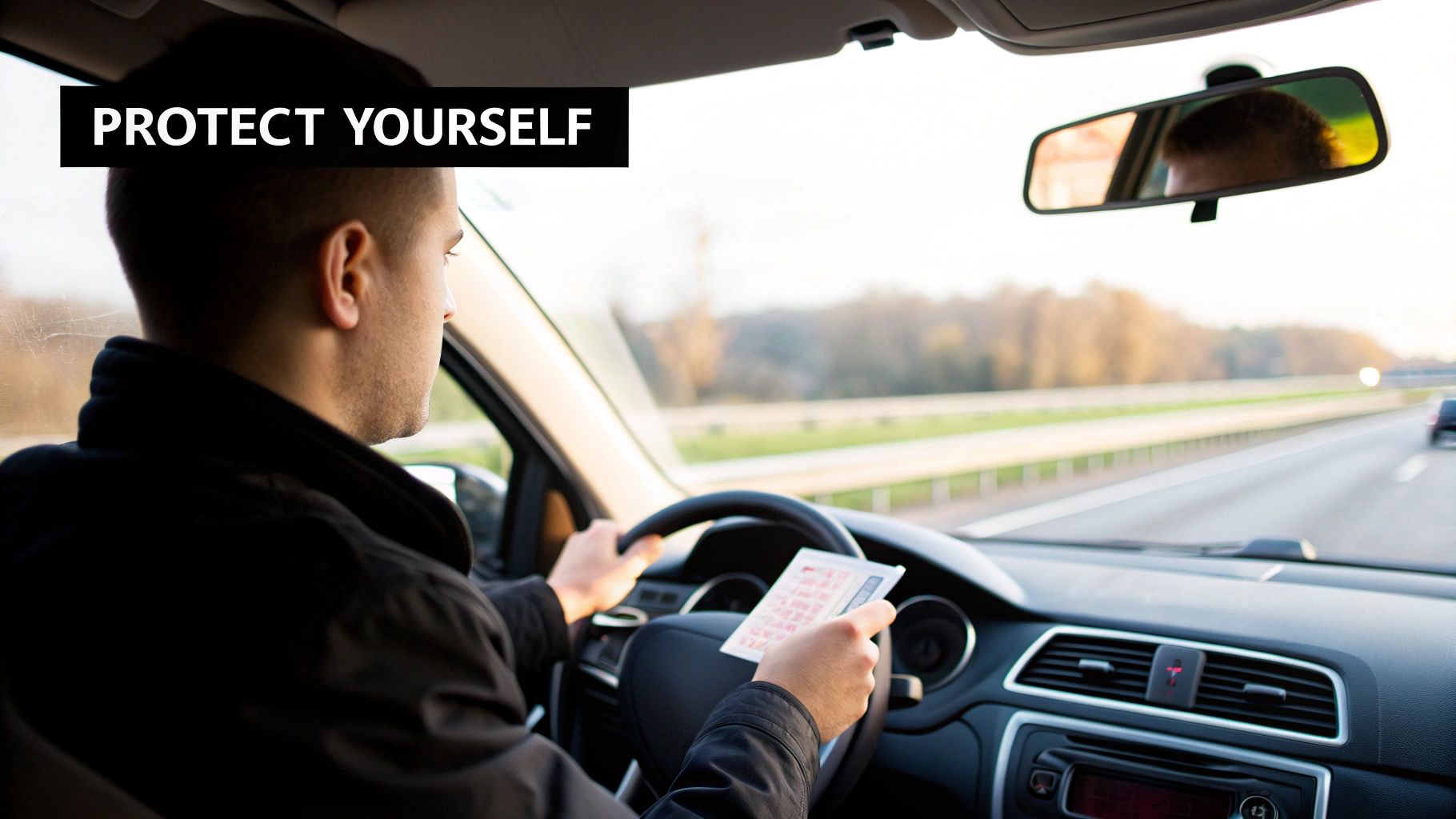 A man driving a car on a highway is distracted by a lottery ticket in his hands.