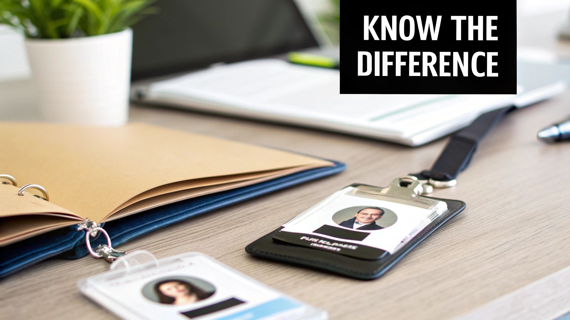 Two employee ID badges and an open binder on a wooden office desk, with 'KNOW THE DIFFERENCE' overlay.