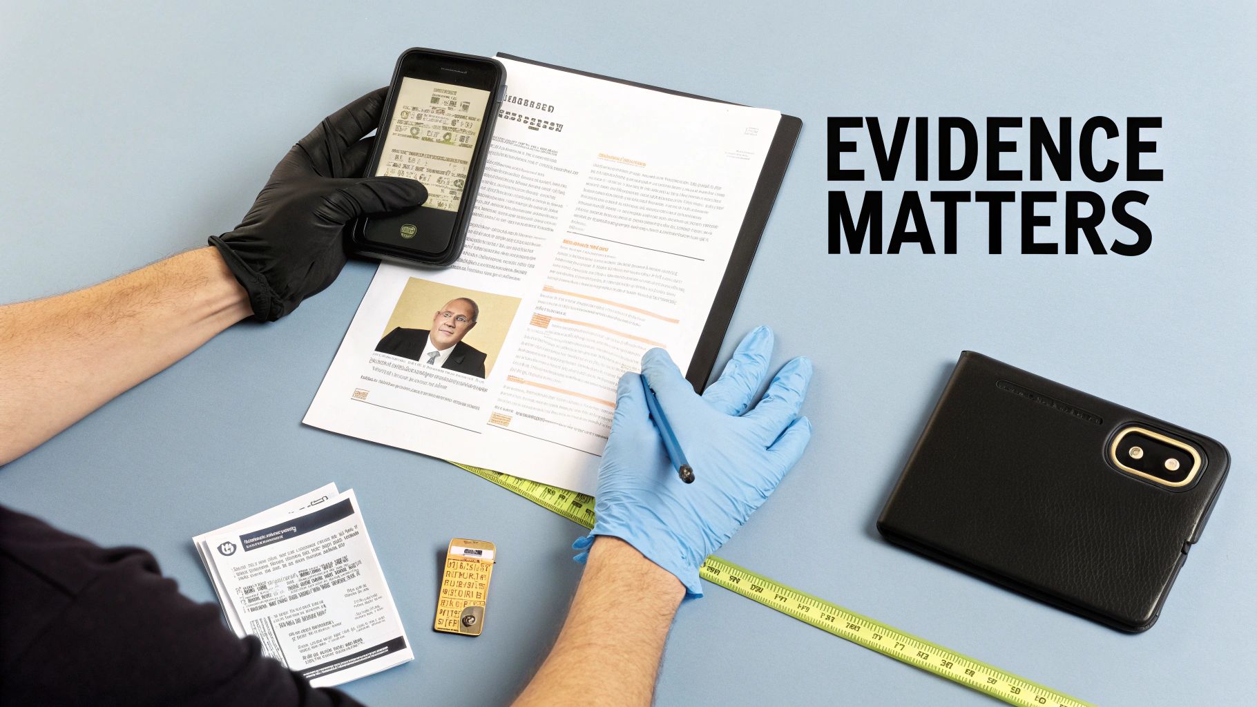 Forensic investigators examining evidence documents and phones wearing protective gloves at crime scene