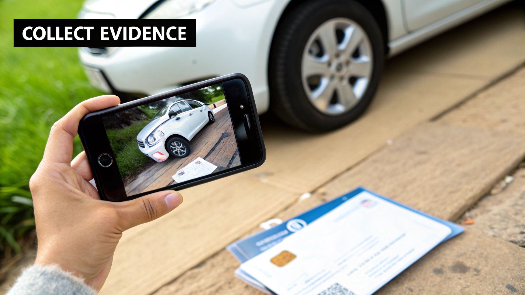 A person taking a photo of a damaged car and documents with a smartphone to collect evidence after an accident.