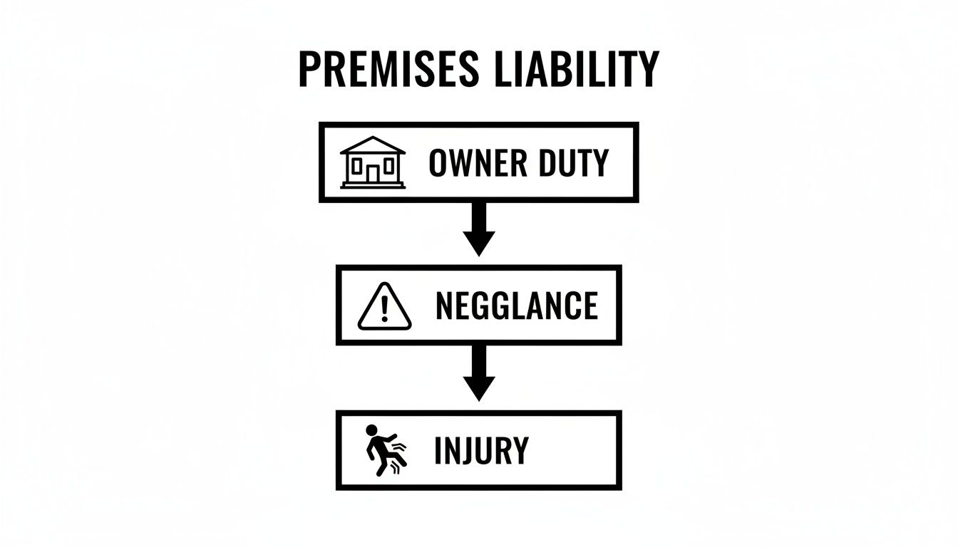 Flowchart illustrating premises liability, showing owner duty leading to negligence and resulting in injury.