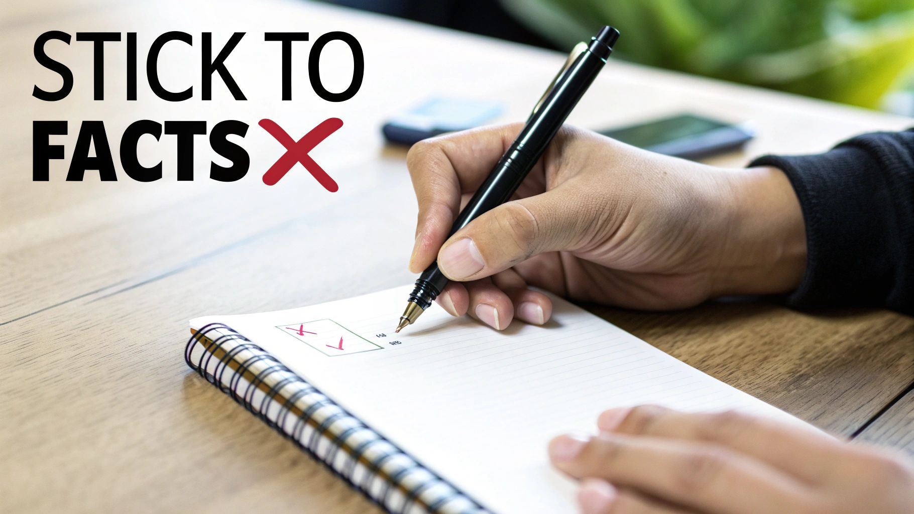 Person writing in a notebook with a pen, next to 'STICK TO FACTS X' text.