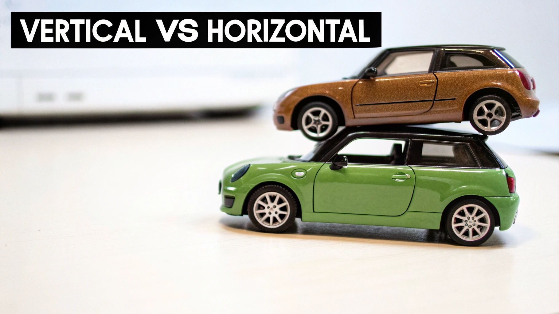 Two toy cars, one green and one bronze, stacked vertically with text 'VERTICAL VS HORIZONTAL'.
