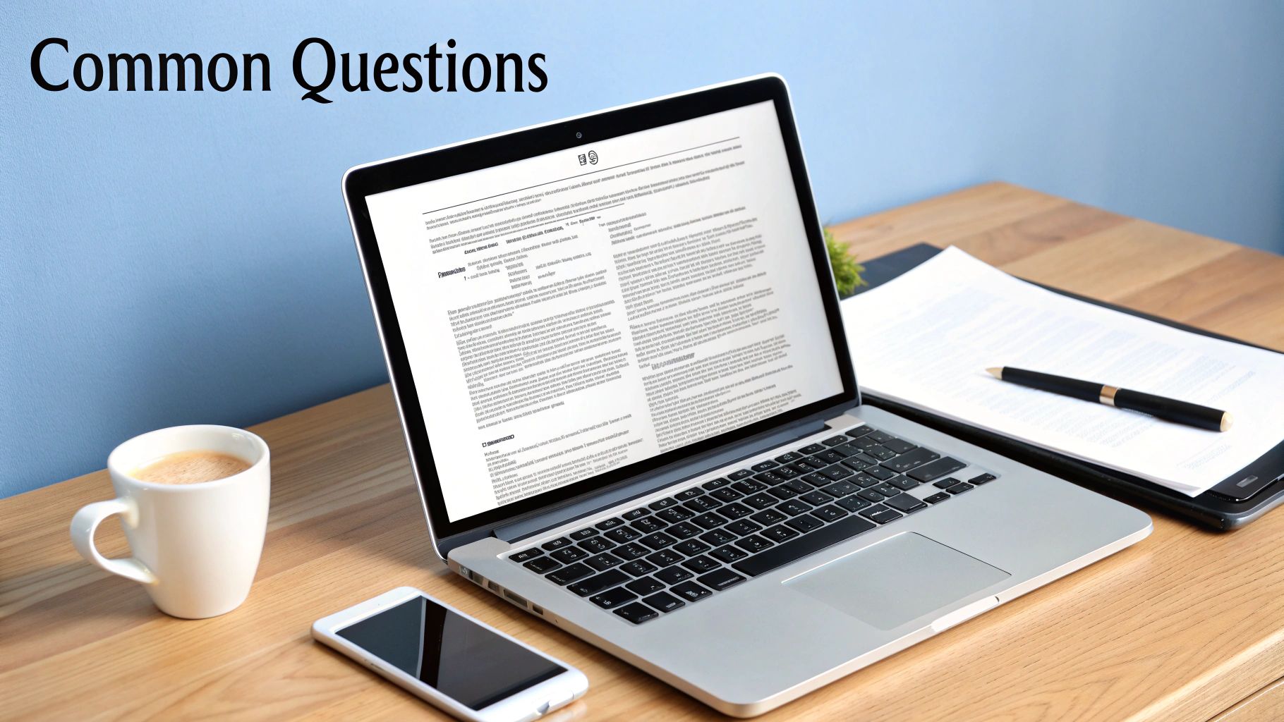 A laptop, coffee cup, smartphone, and pen on a wooden desk, with 'Common Questions' on the wall.