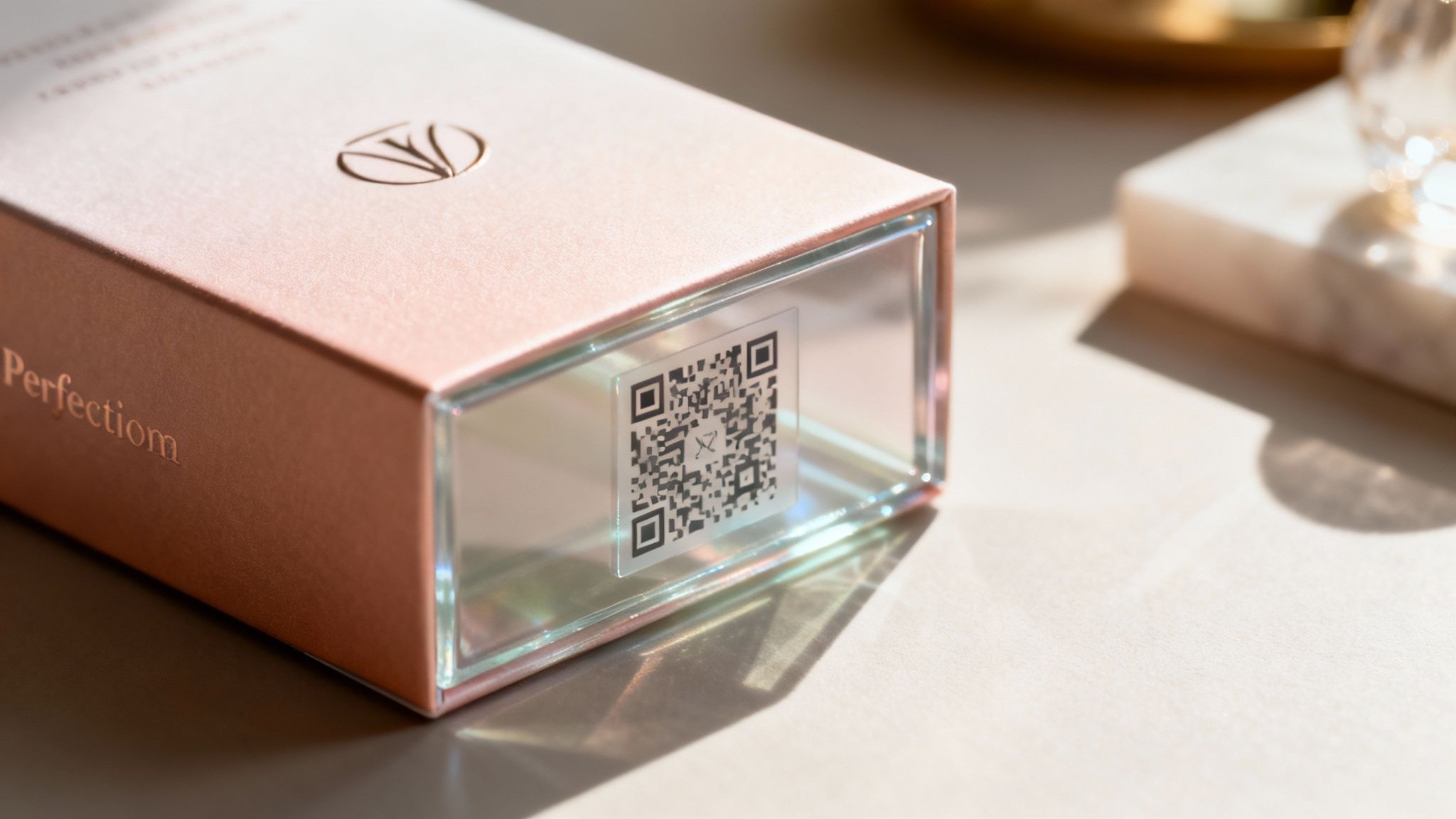 Luxury rose gold product packaging box with transparent QR code panel on end