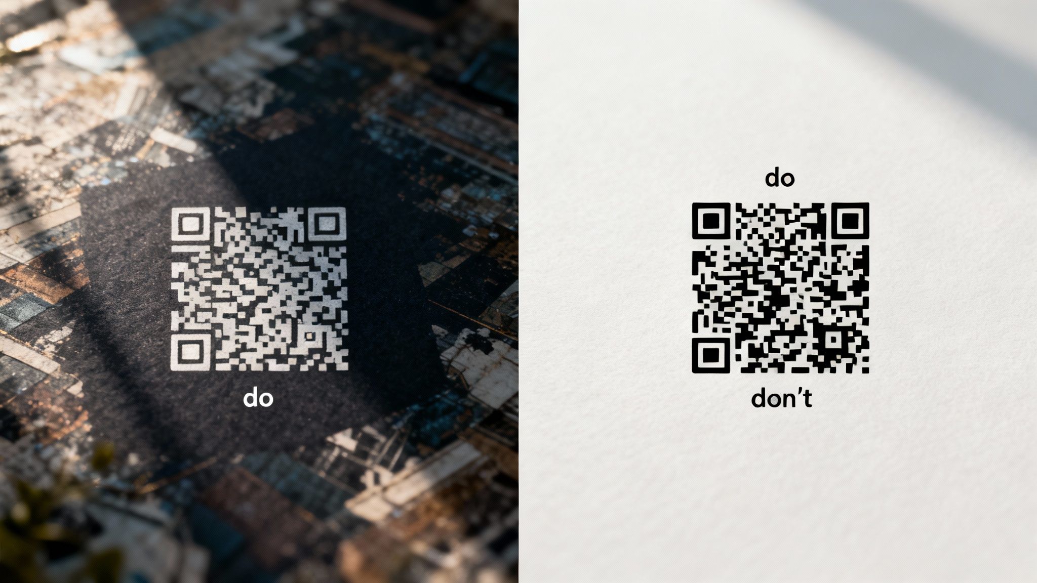 QR code design comparison showing good practice on textured background versus bad practice on plain background