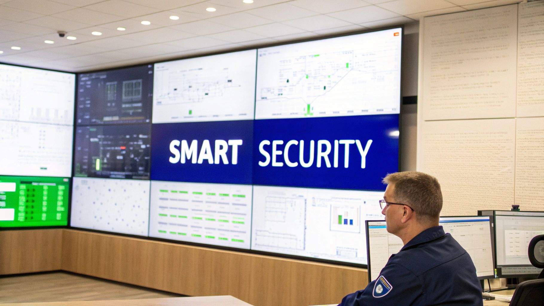 Security professional using advanced technology to monitor a facility