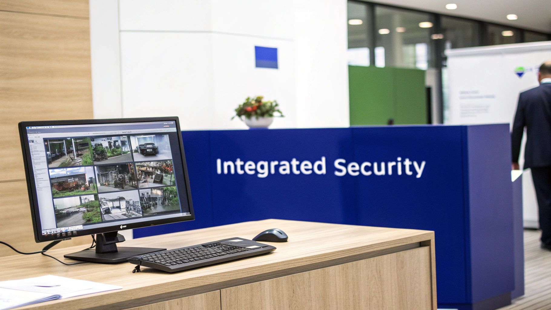 Security guard monitoring multiple CCTV screens for an integrated alarm system