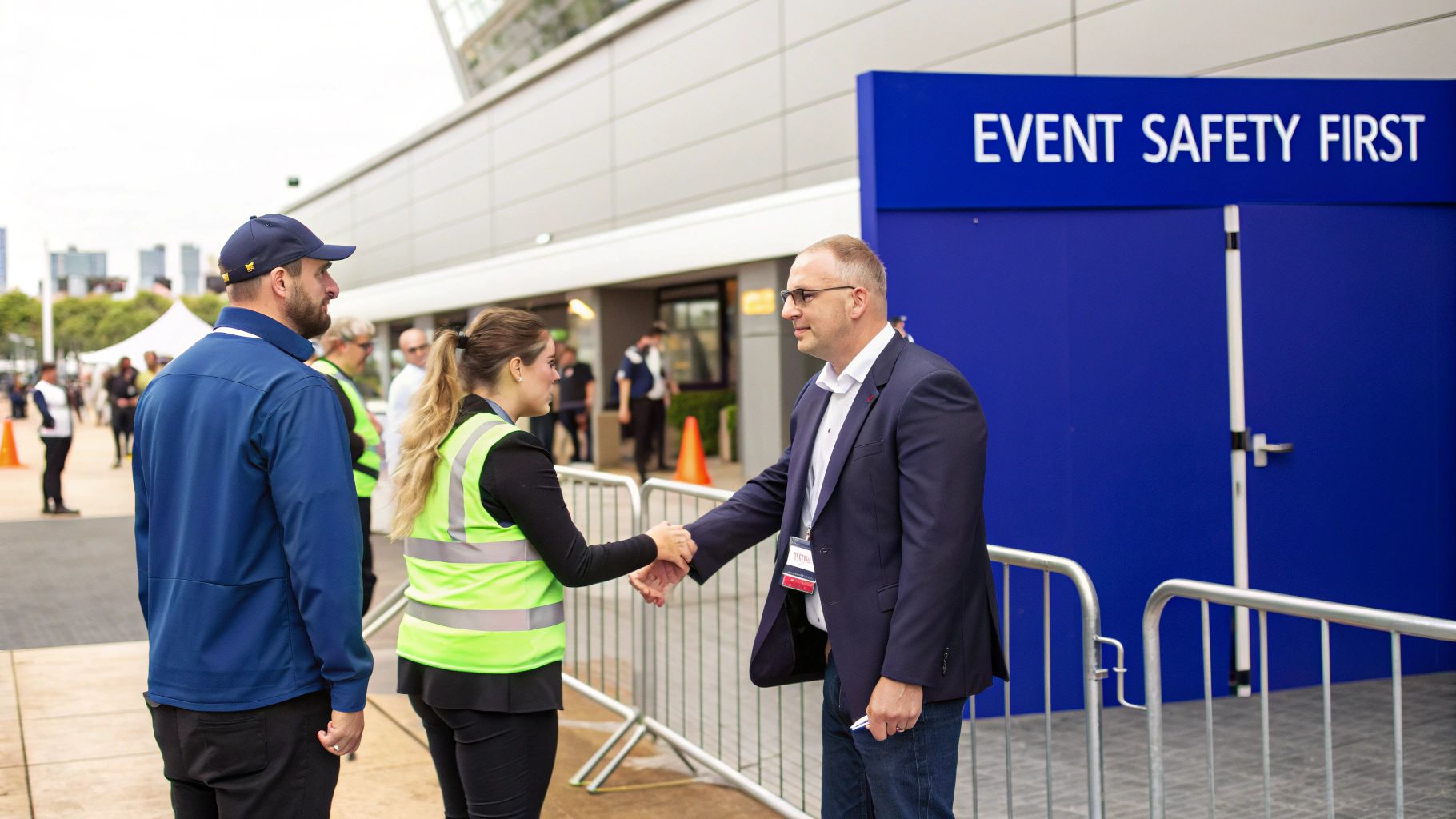 A professional security guard monitoring an event entrance in Melbourne.