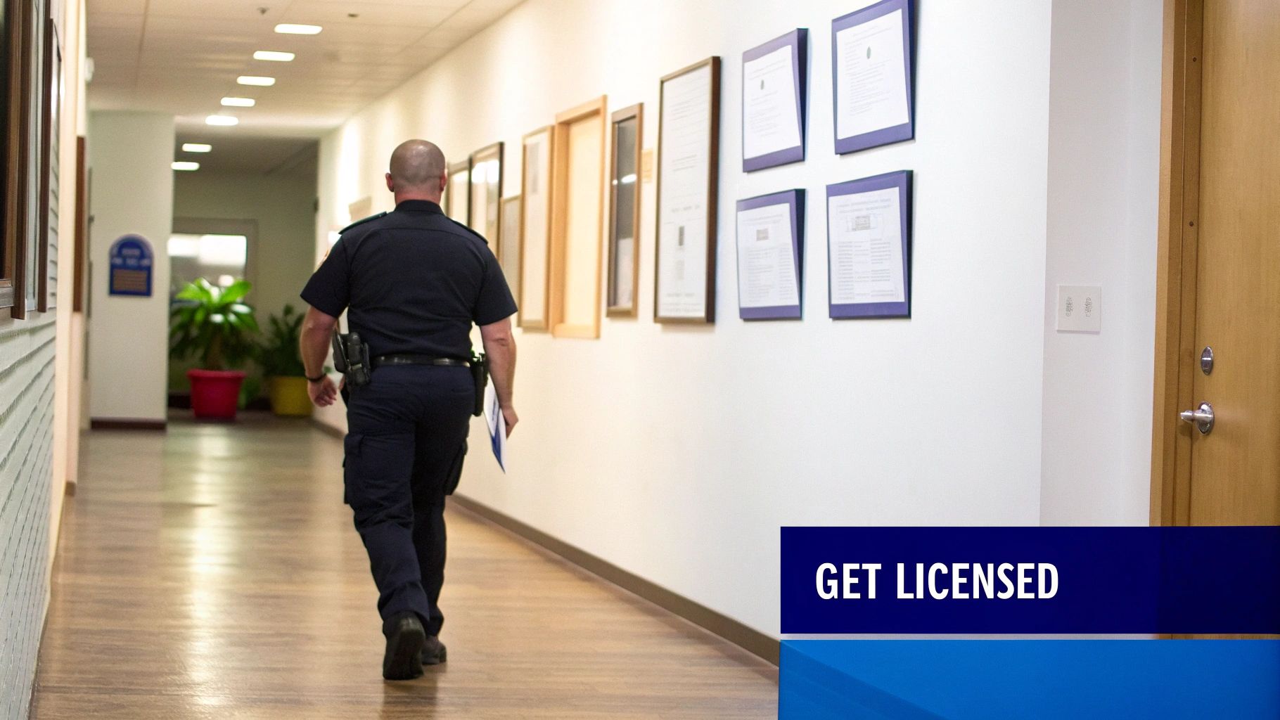 A security professional in uniform holding a clipboard and looking confident.
