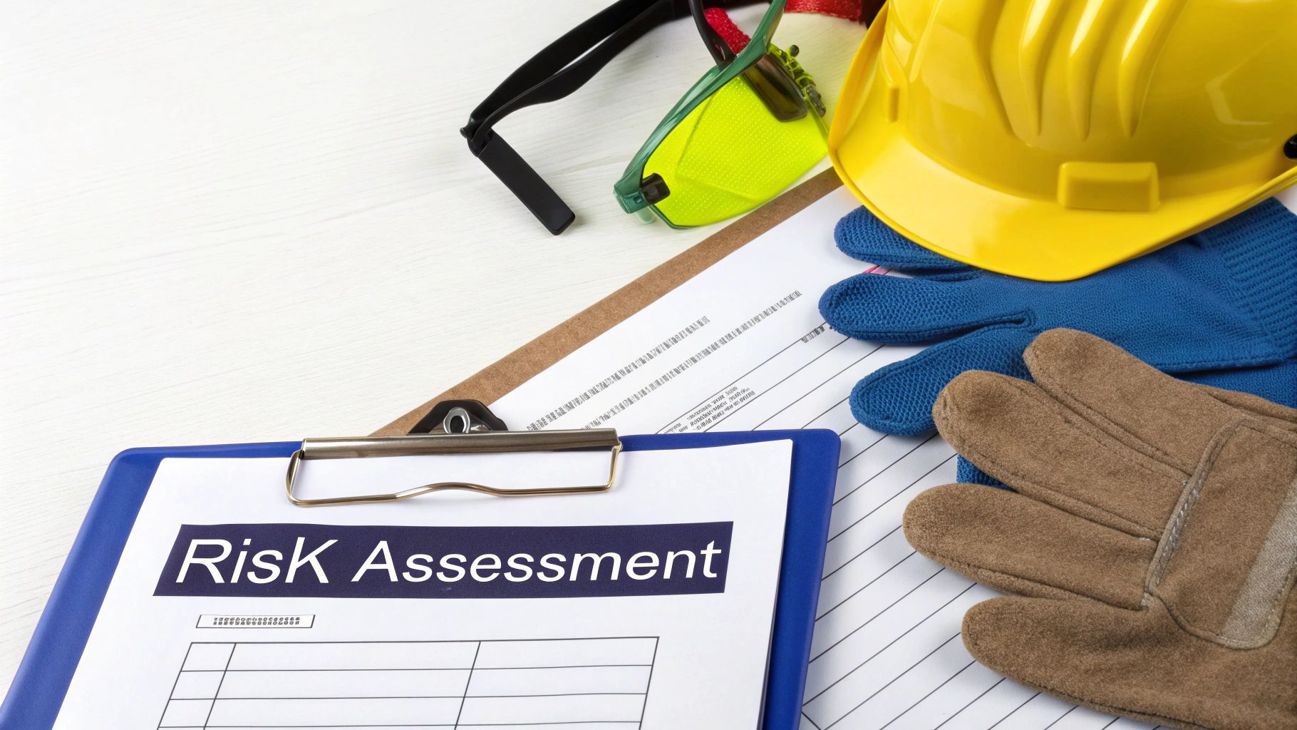 A safety manager in a hard hat and high-visibility vest conducting a risk assessment on a tablet in an industrial setting.