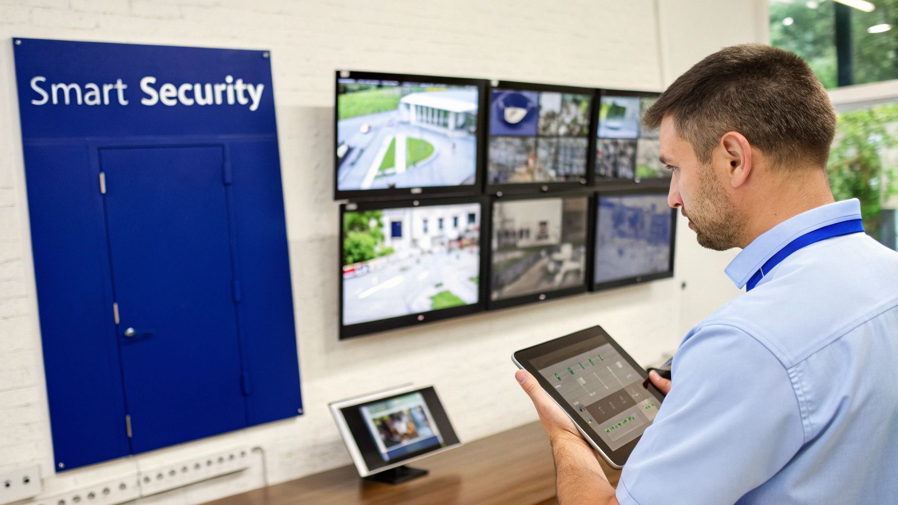 A security professional monitors multiple CCTV feeds in a modern control room, showcasing the integration of technology and human expertise.