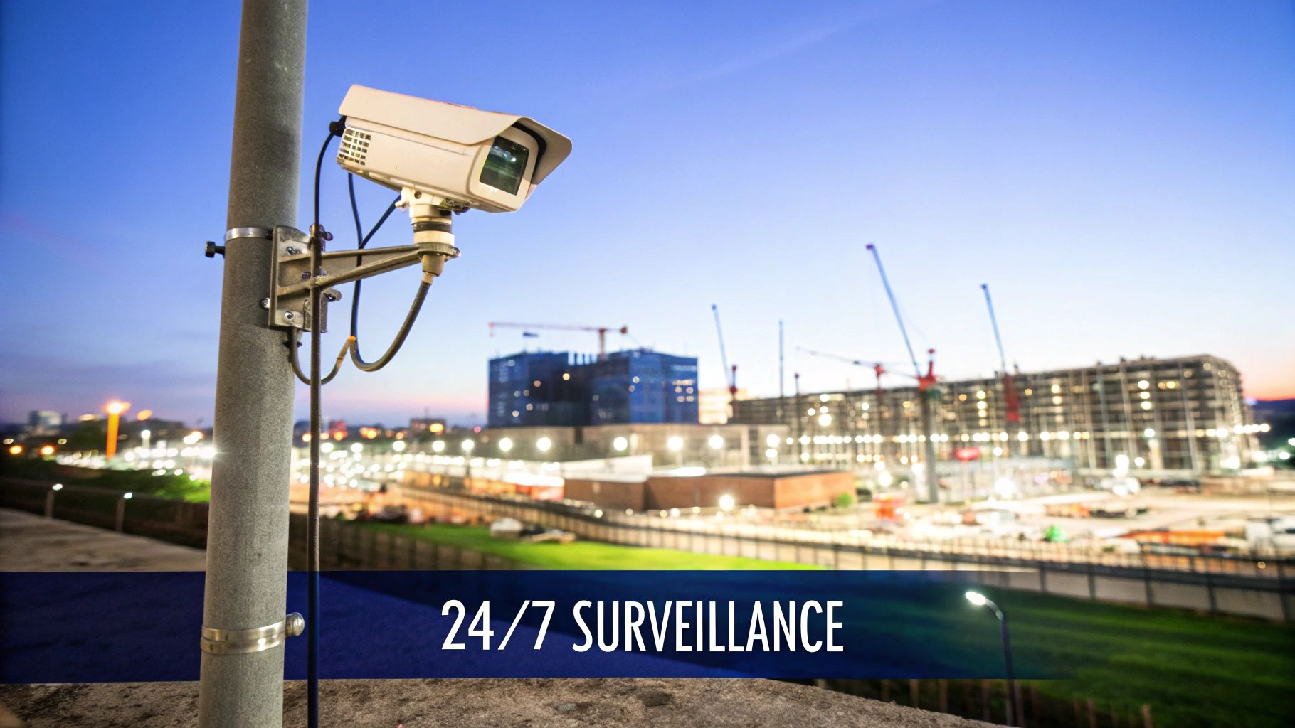 High-definition security camera mounted on a pole at a construction site, overlooking materials and equipment.