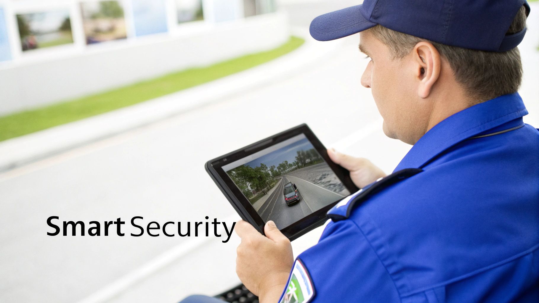 A modern security guard using a tablet to monitor surveillance footage, with data overlays showing the integration of technology.